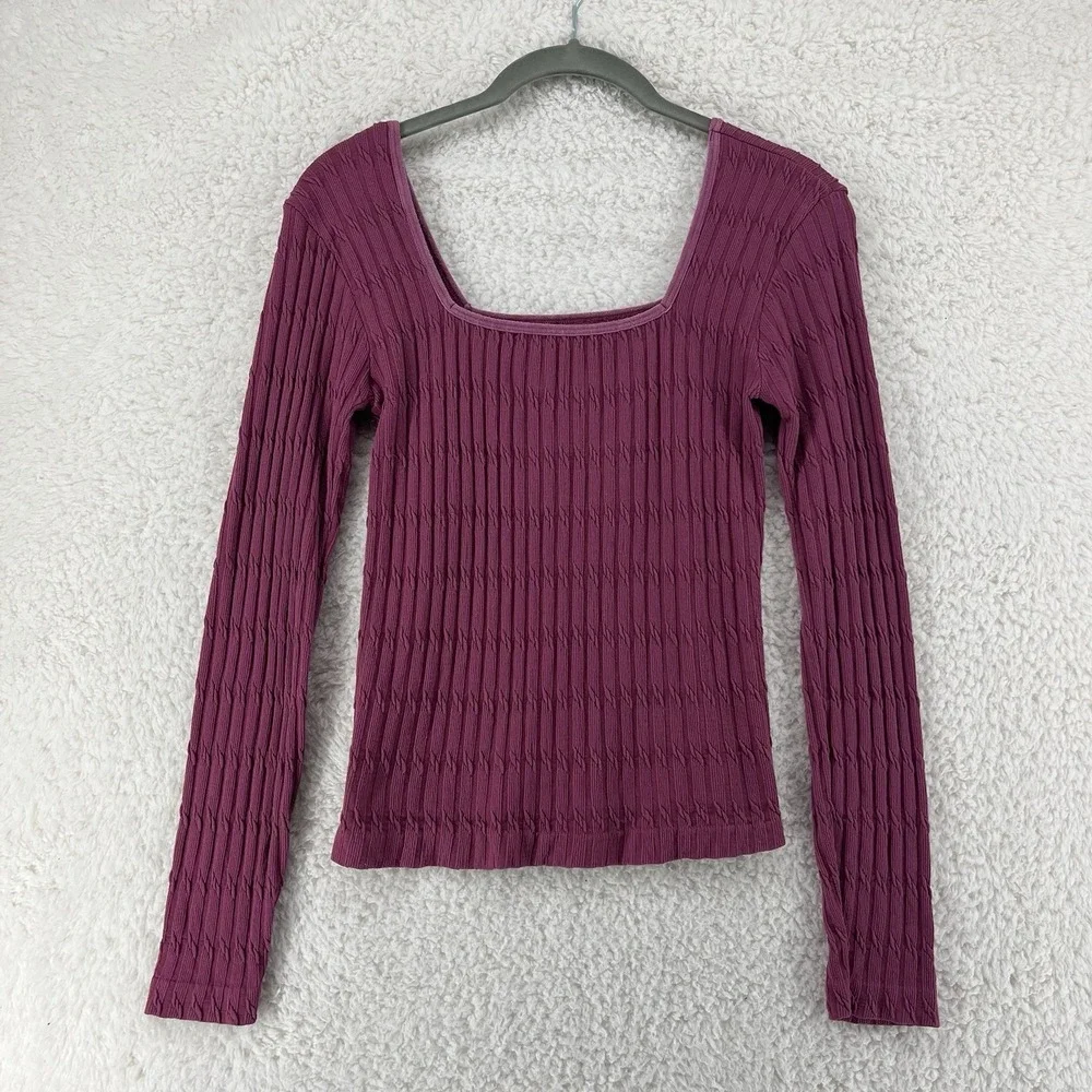 Y2K Top Size Large Long Sleeve Ribbed Square Neck T-Shirt Pink 90s Preppy - Picture 5 of 6